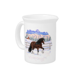 Brown Bay Gypsy Vanner Draft Horse In Snow Beverage Pitcher