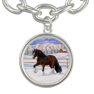 Brown Bay Gypsy Vanner Draft Horse In Snow Bracelet