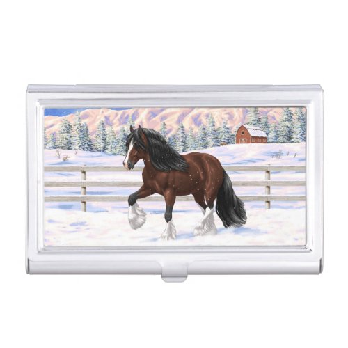 Brown Bay Gypsy Vanner Draft Horse In Snow Business Card Case