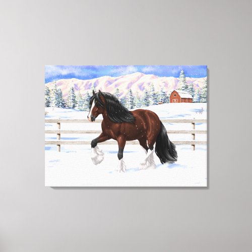 Brown Bay Gypsy Vanner Draft Horse In Snow Canvas Print