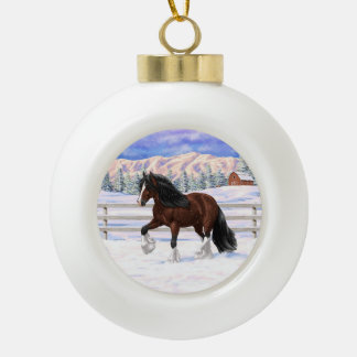 Brown Bay Gypsy Vanner Draft Horse In Snow Ceramic Ball Christmas Ornament