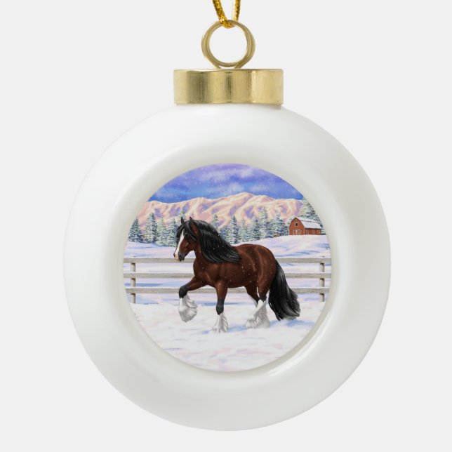 Brown Bay Gypsy Vanner Draft Horse In Snow Ceramic Ball Christmas Ornament (Front)