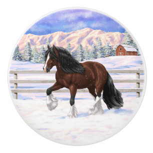Brown Bay Gypsy Vanner Draft Horse In Snow Ceramic Knob