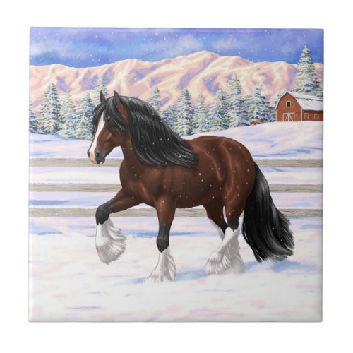 Brown Bay Gypsy Vanner Draft Horse In Snow Ceramic Tile