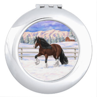 Brown Bay Gypsy Vanner Draft Horse In Snow Compact Mirror