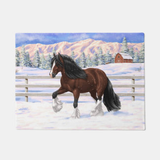 Brown Bay Gypsy Vanner Draft Horse In Snow Doormat