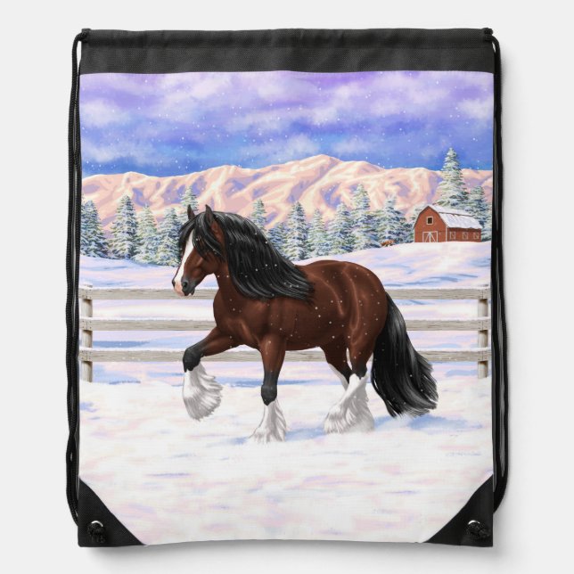 Brown Bay Gypsy Vanner Draft Horse In Snow Drawstring Bag (Front)