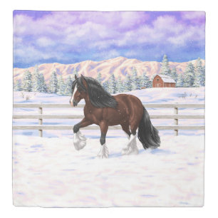 Brown Bay Gypsy Vanner Draft Horse In Snow Duvet Cover