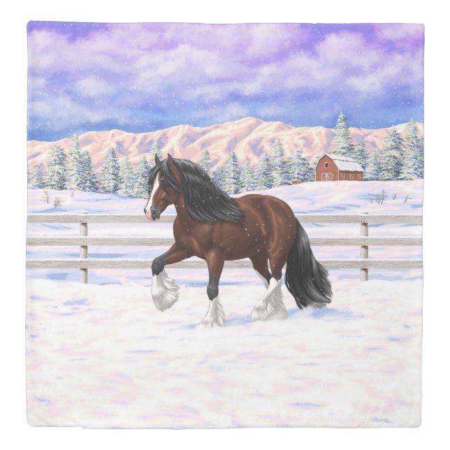 Brown Bay Gypsy Vanner Draft Horse In Snow Duvet Cover (Front)