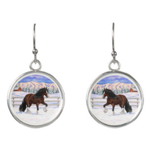 Brown Bay Gypsy Vanner Draft Horse In Snow Earrings