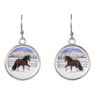 Brown Bay Gypsy Vanner Draft Horse In Snow Earrings
