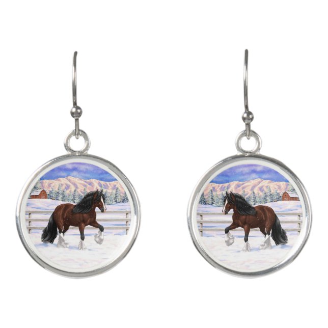 Brown Bay Gypsy Vanner Draft Horse In Snow Earrings (Front)
