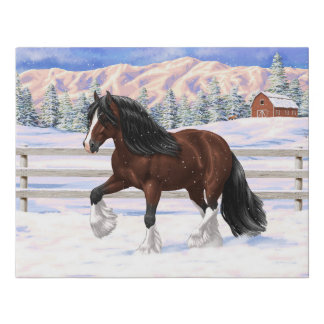 Brown Bay Gypsy Vanner Draft Horse In Snow Faux Canvas Print