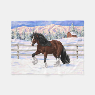 Brown Bay Gypsy Vanner Draft Horse In Snow Fleece Blanket