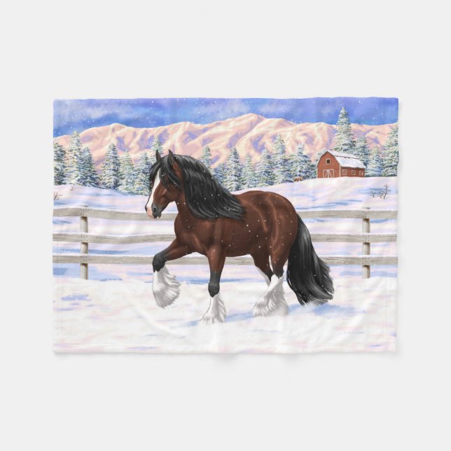 Brown Bay Gypsy Vanner Draft Horse In Snow Fleece Blanket (Front (Horizontal))
