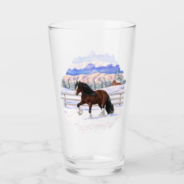 Brown Bay Gypsy Vanner Draft Horse In Snow Glass (Front)