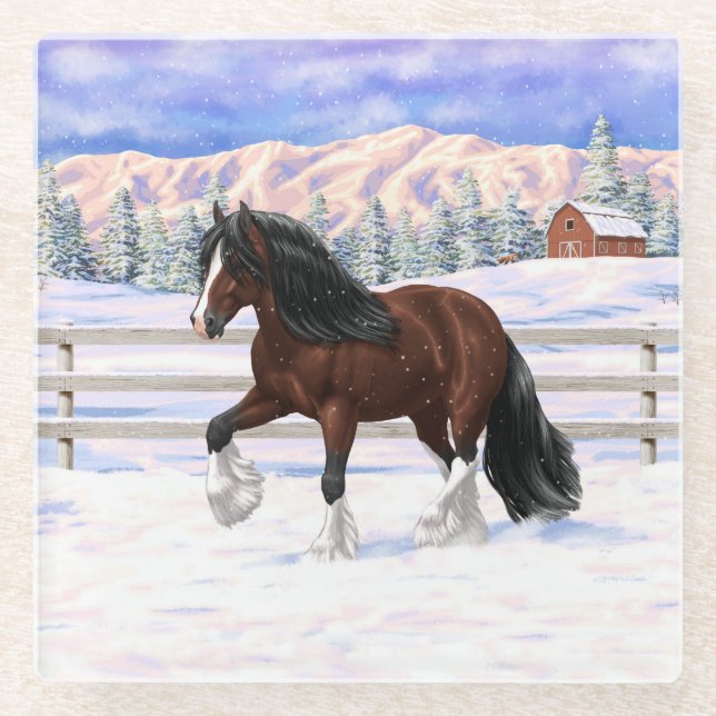 Brown Bay Gypsy Vanner Draft Horse In Snow Glass Coaster (Front)