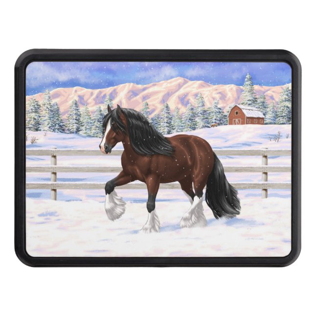 Brown Bay Gypsy Vanner Draft Horse In Snow Hitch Cover (Front)