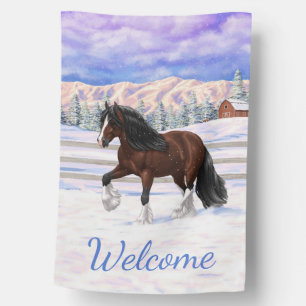 Brown Bay Gypsy Vanner Draft Horse In Snow House Flag