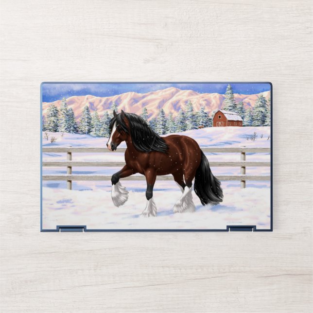 Brown Bay Gypsy Vanner Draft Horse In Snow HP Laptop Skin (Front)