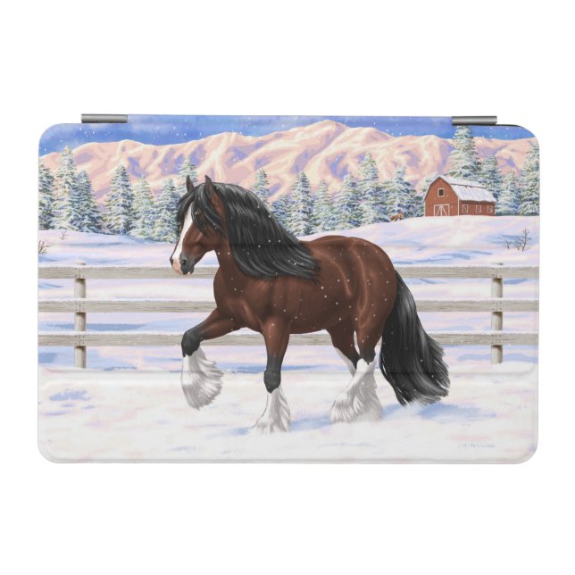 Brown Bay Gypsy Vanner Draft Horse In Snow iPad Mini Cover (Horizontal)