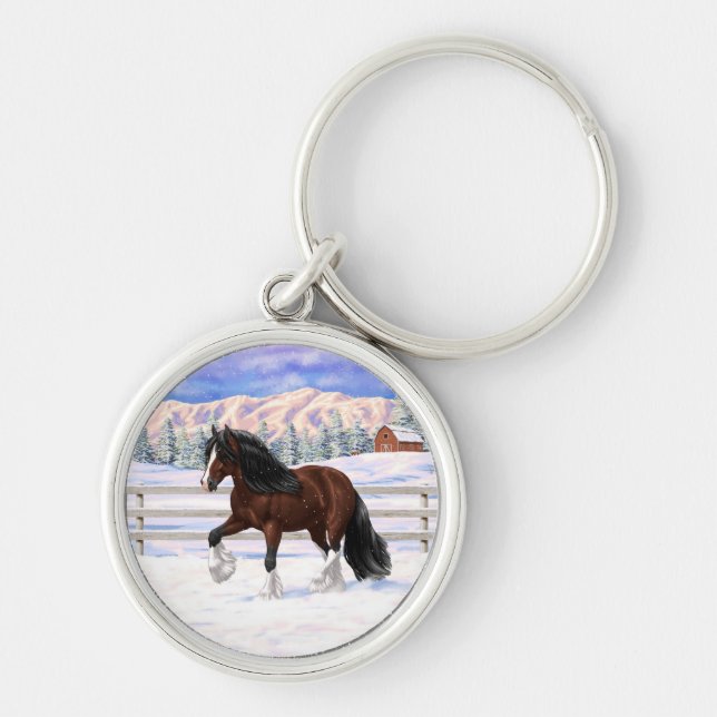 Brown Bay Gypsy Vanner Draft Horse In Snow Keychain (Front)
