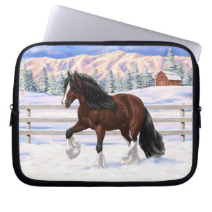 Brown Bay Gypsy Vanner Draft Horse In Snow Laptop Sleeve
