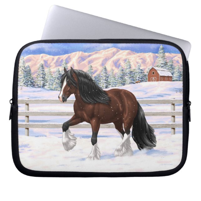 Brown Bay Gypsy Vanner Draft Horse In Snow Laptop Sleeve (Front)