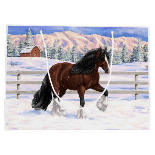 Brown Bay Gypsy Vanner Draft Horse In Snow Large Gift Bag