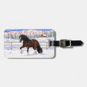Brown Bay Gypsy Vanner Draft Horse In Snow Luggage Tag