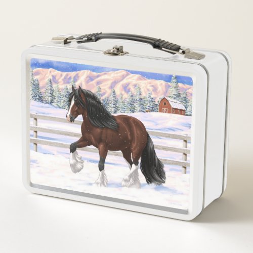 Brown Bay Gypsy Vanner Draft Horse In Snow Metal Lunch Box