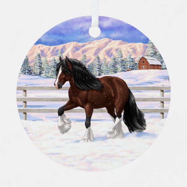 Brown Bay Gypsy Vanner Draft Horse In Snow Metal Ornament (Front)