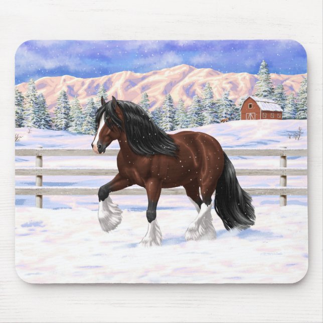 Brown Bay Gypsy Vanner Draft Horse In Snow Mouse Pad (Front)