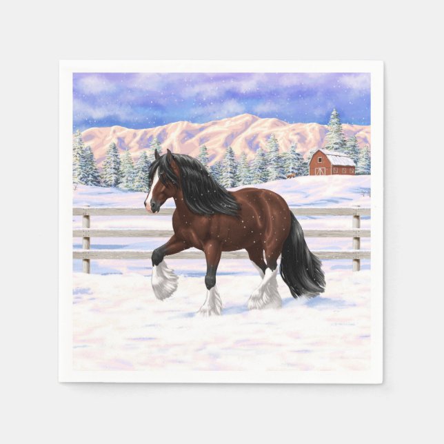 Brown Bay Gypsy Vanner Draft Horse In Snow Napkins (Front)