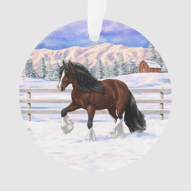 Brown Bay Gypsy Vanner Draft Horse In Snow Ornament (Front)