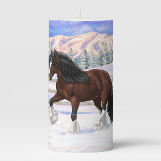 Brown Bay Gypsy Vanner Draft Horse In Snow Pillar Candle