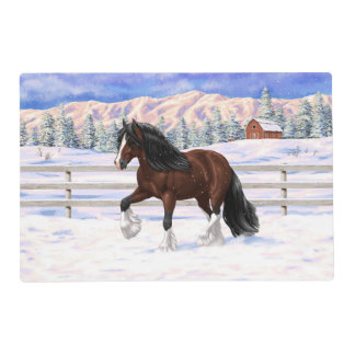 Brown Bay Gypsy Vanner Draft Horse In Snow Placemat