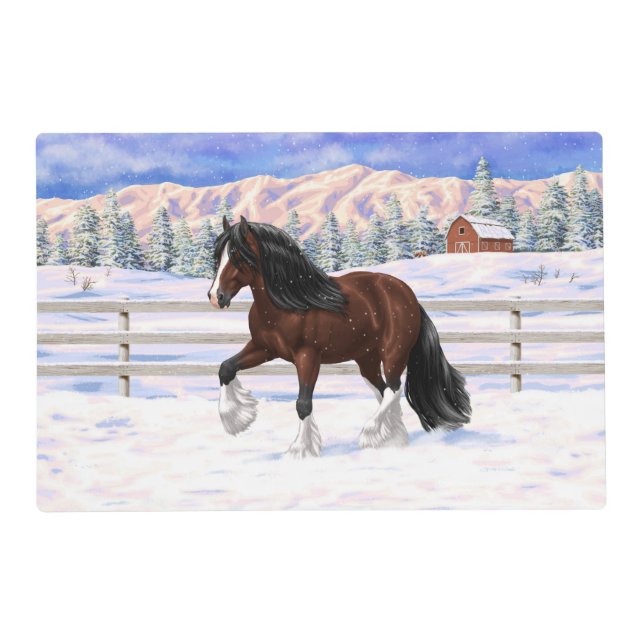 Brown Bay Gypsy Vanner Draft Horse In Snow Placemat (Front)