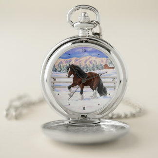 Brown Bay Gypsy Vanner Draft Horse In Snow Pocket Watch