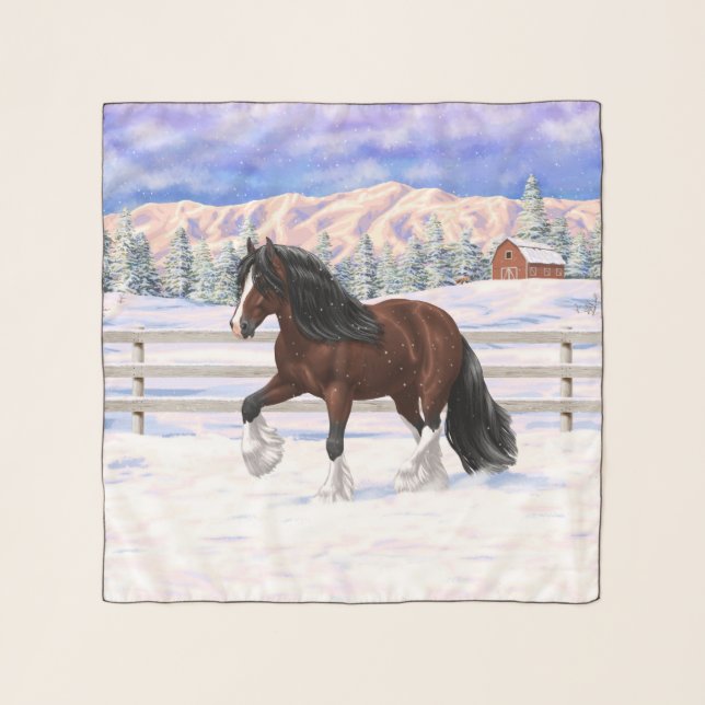 Brown Bay Gypsy Vanner Draft Horse In Snow Scarf (Front)