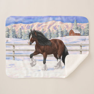 Brown Bay Gypsy Vanner Draft Horse In Snow Sherpa Blanket