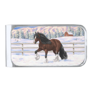 Brown Bay Gypsy Vanner Draft Horse In Snow Silver Finish Money Clip