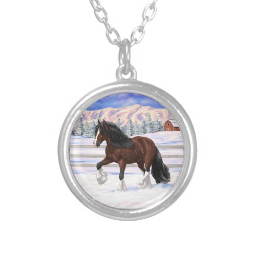 Brown Bay Gypsy Vanner Draft Horse In Snow Silver Plated Necklace