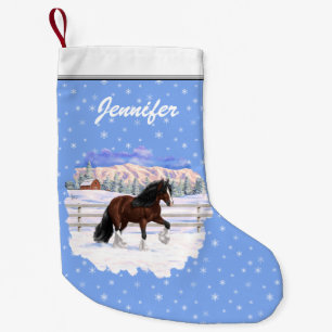 Brown Bay Gypsy Vanner Draft Horse In Snow Small Christmas Stocking