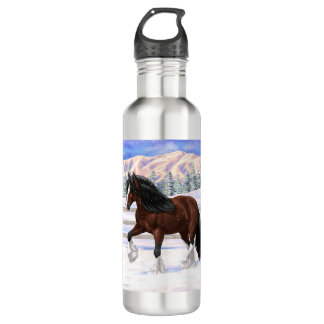 Brown Bay Gypsy Vanner Draft Horse In Snow Stainless Steel Water Bottle