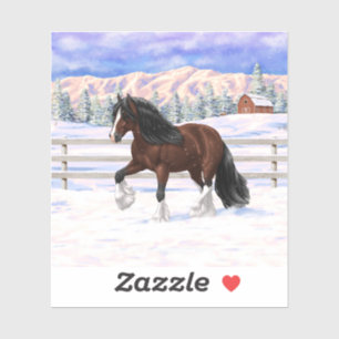 Brown Bay Gypsy Vanner Draft Horse In Snow Sticker