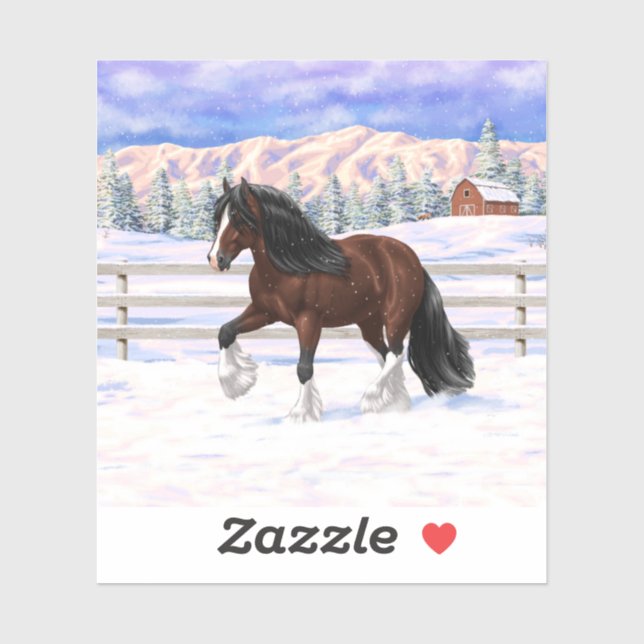 Brown Bay Gypsy Vanner Draft Horse In Snow Sticker (Sheet)