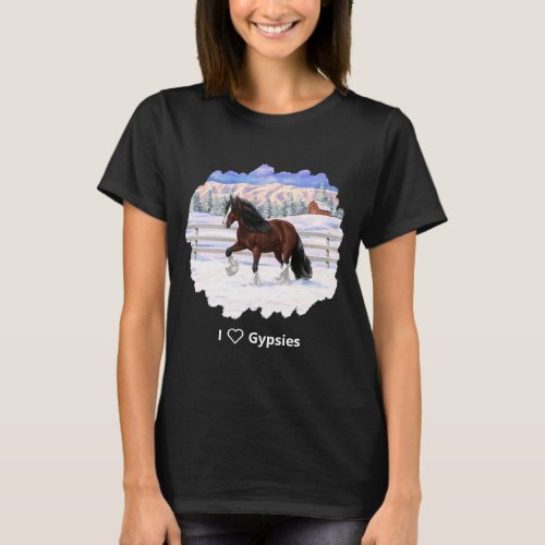 Brown Bay Gypsy Vanner Draft Horse In Snow T_Shirt