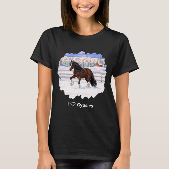 Brown Bay Gypsy Vanner Draft Horse In Snow T-Shirt (Front)