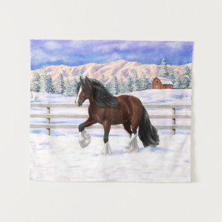 Brown Bay Gypsy Vanner Draft Horse In Snow Tapestry